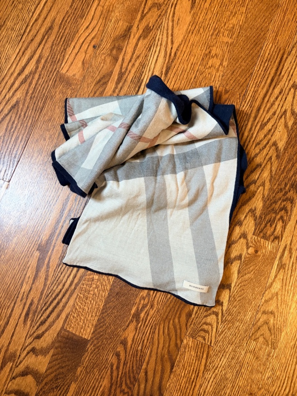 Burberry Beige and Navy Plaid Lightweight Scarf